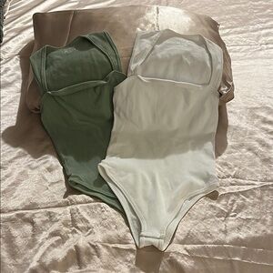 Ribbed Bodysuit Set in Green and White